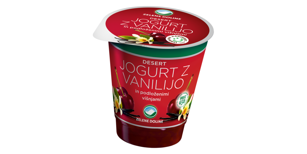 Jogurt z vanilijo in podloženimi višnjami